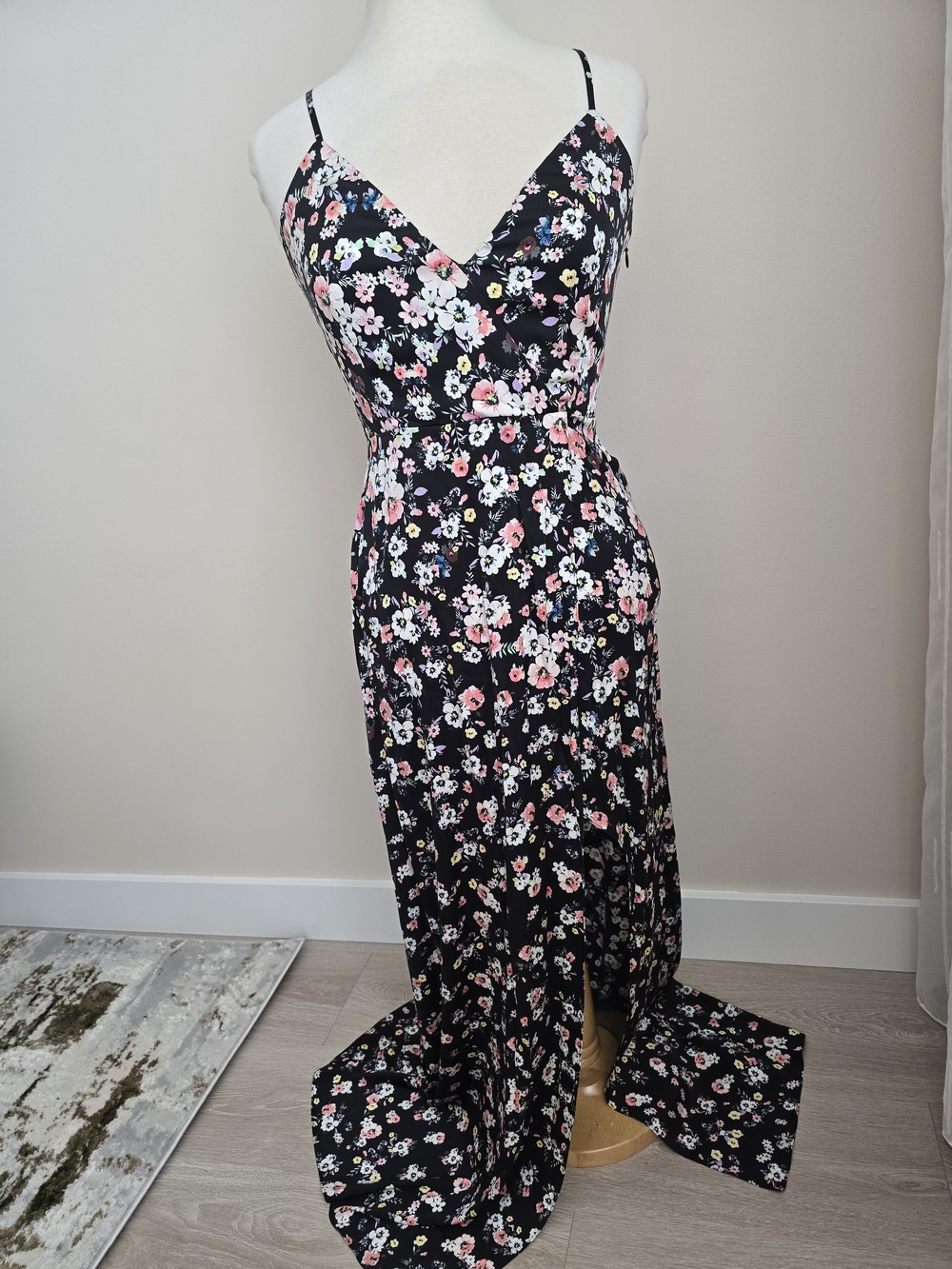 INTERMIX Silk Black Floral Maxi Dress with Pink & White Blossoms Size 4 Y2K